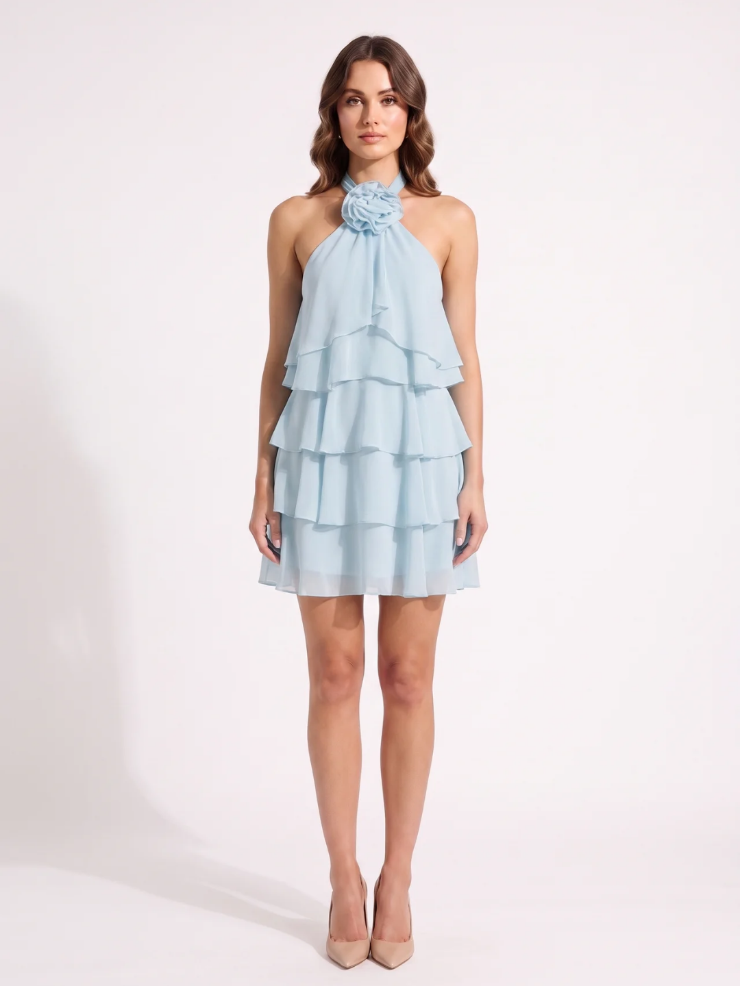 Evelyn | Halter Rosette Ruffle Tiered Mini Dress