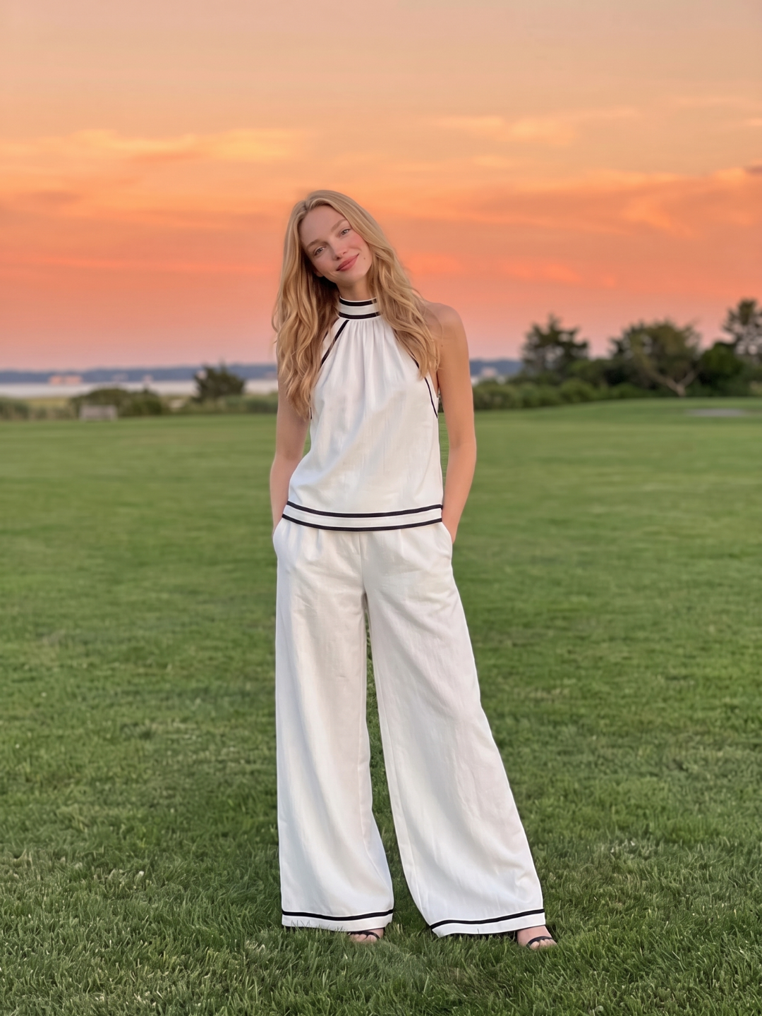 DEMETRIA Women's Halter Neck Contrast Trim Linen Top and Wide Leg Trouser Set