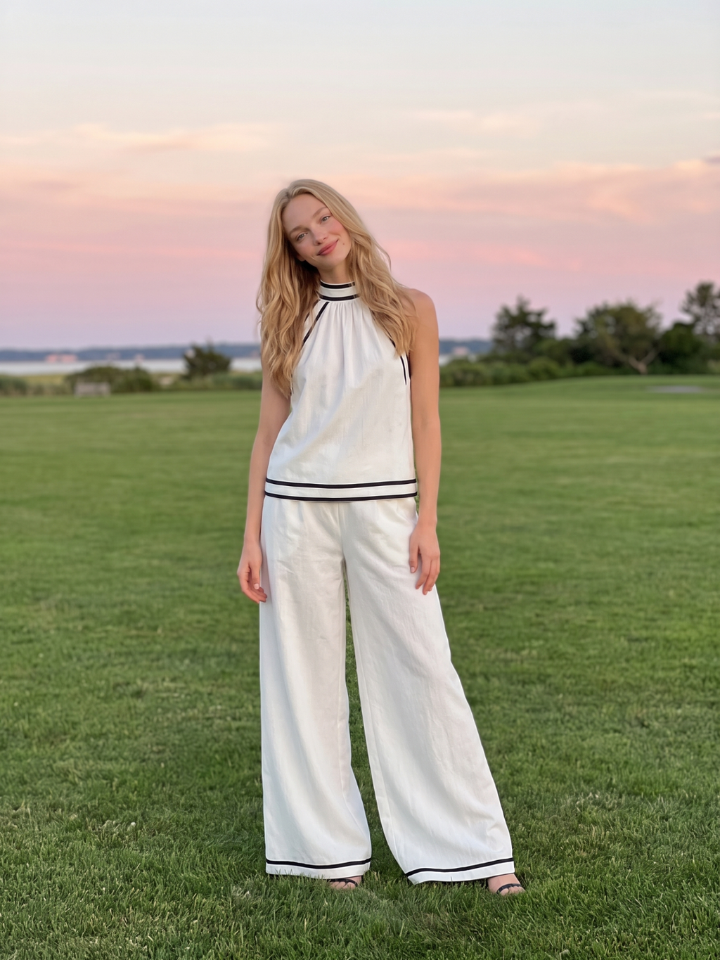 DEMETRIA Women's Halter Neck Contrast Trim Linen Top and Wide Leg Trouser Set