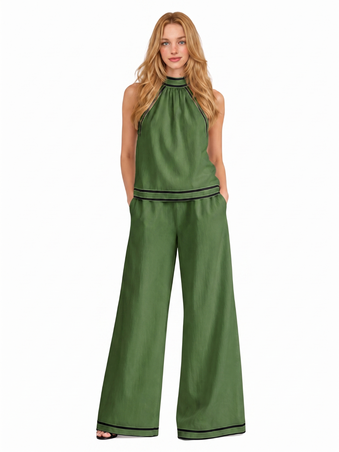 DEMETRIA Women's Halter Neck Contrast Trim Linen Top and Wide Leg Trouser Set
