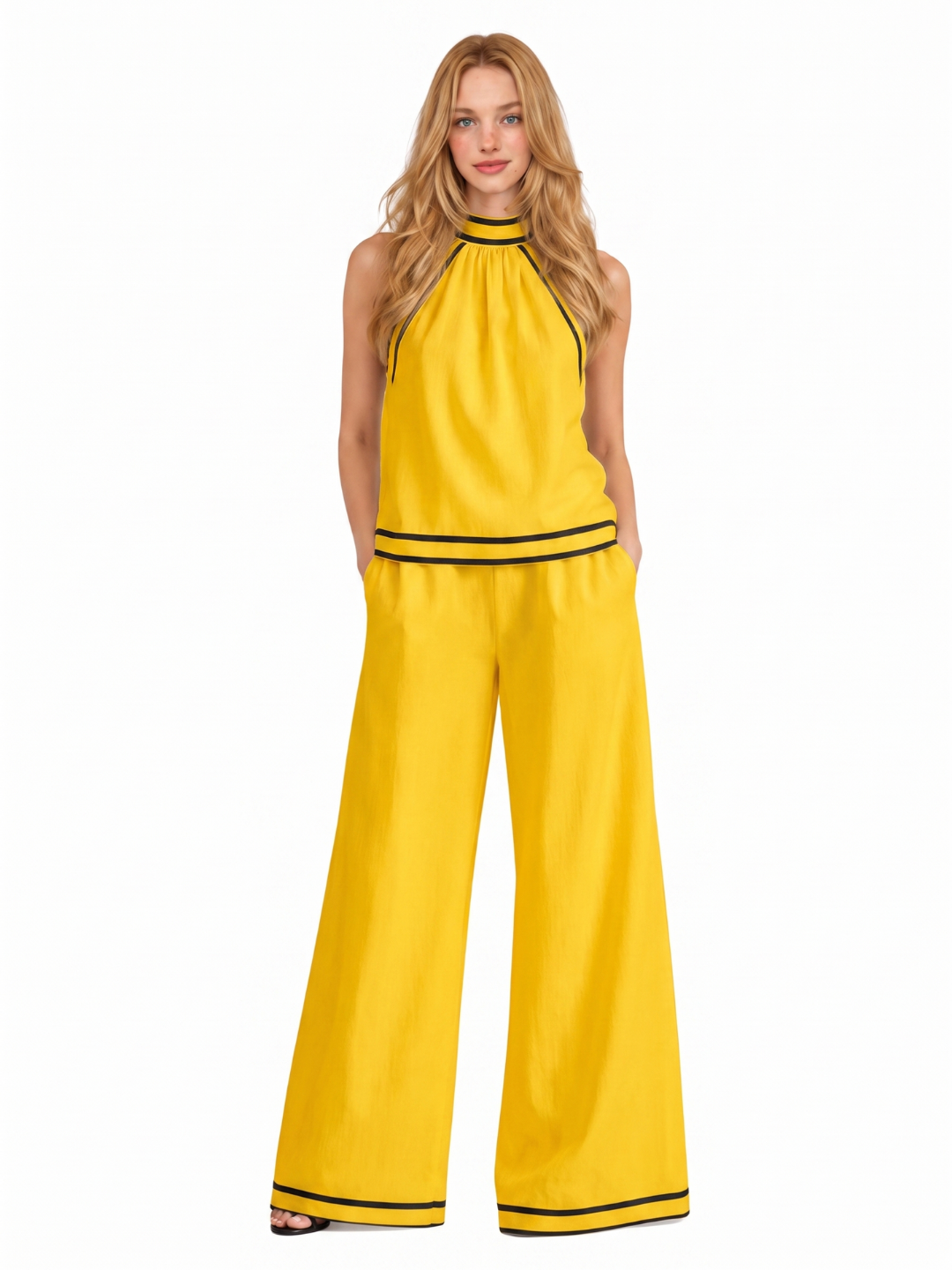 DEMETRIA Women's Halter Neck Contrast Trim Linen Top and Wide Leg Trouser Set