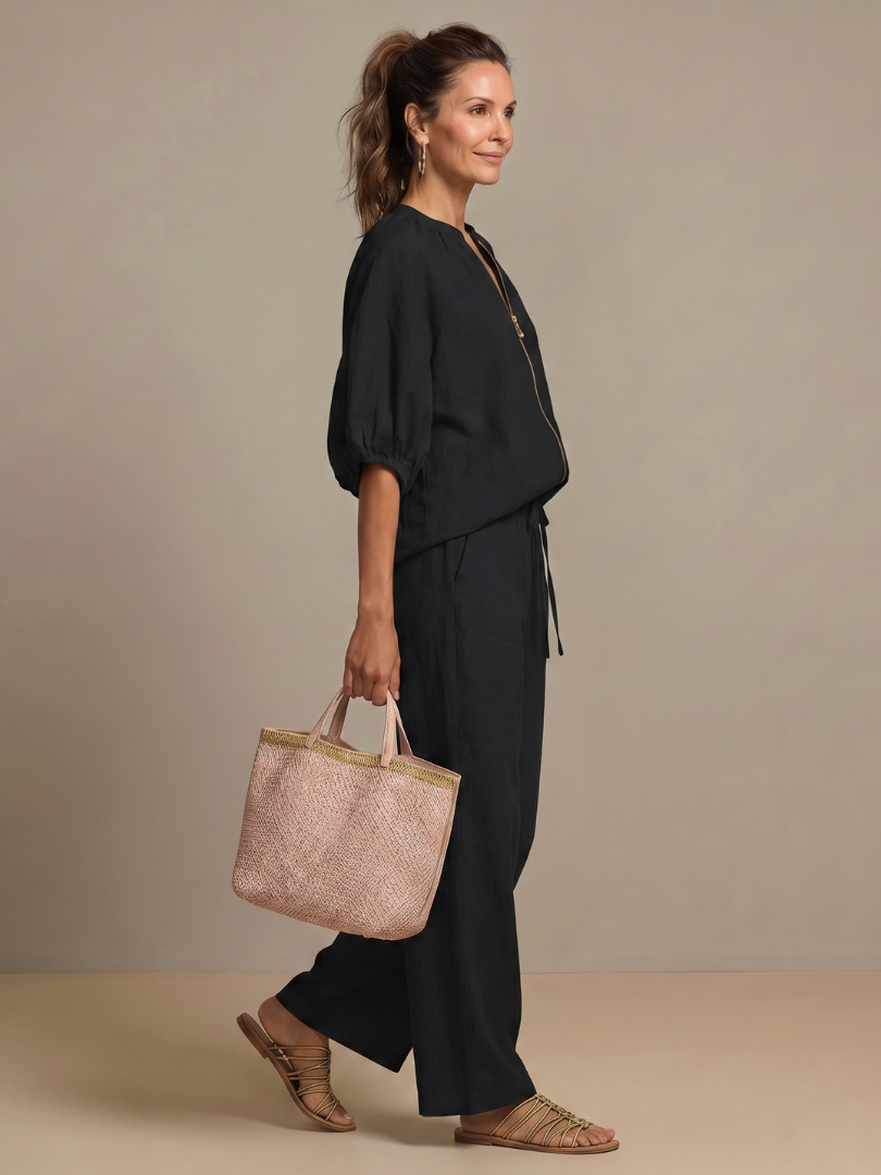Marlene | Linen Zip-Front Balloon-Sleeve Co-ord Set