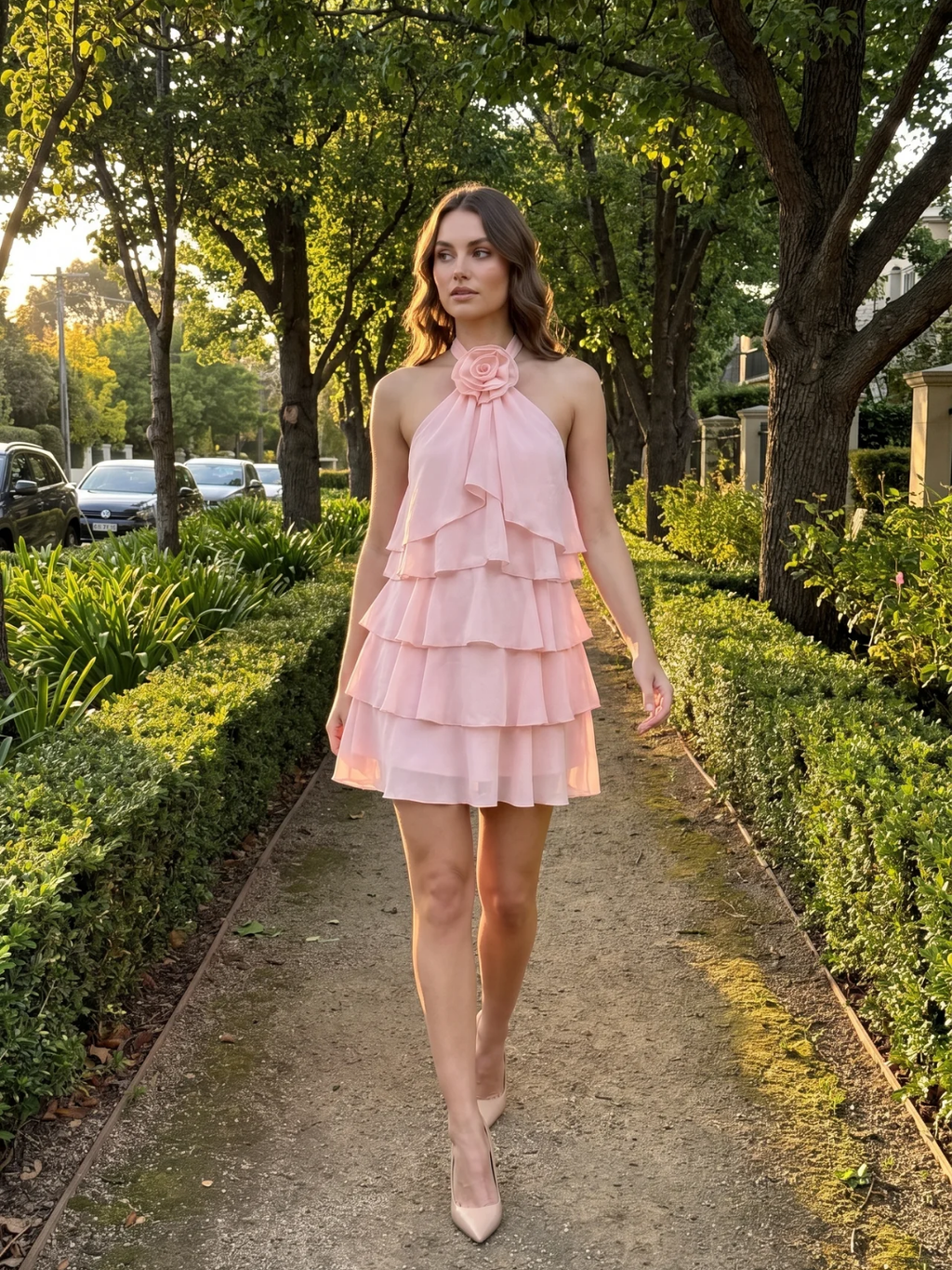 Evelyn | Halter Rosette Ruffle Tiered Mini Dress