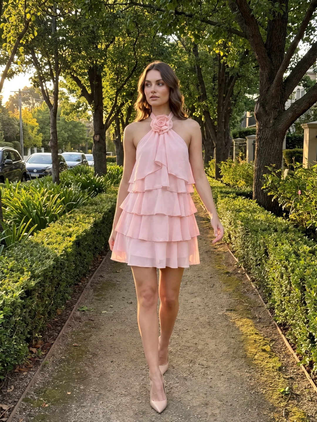 Evelyn | Halter Rosette Ruffle Tiered Mini Dress