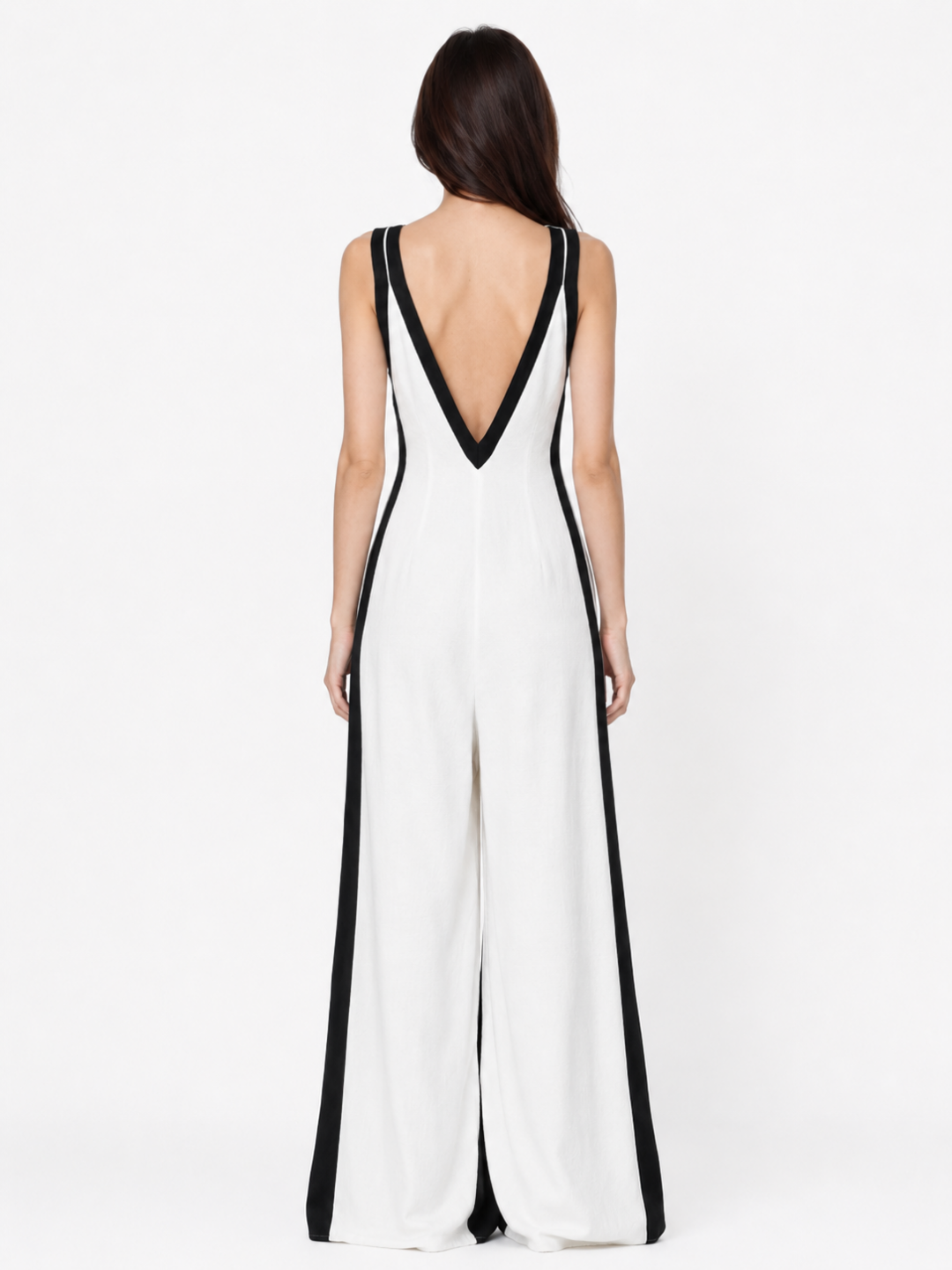 XIMENA Women's Contrast-Trim Deep V-Neck Wide-Leg Jumpsuit
