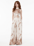 EMBERLYNN Women's Halter Neck Tropical Print Top and Wide Leg Trouser Set