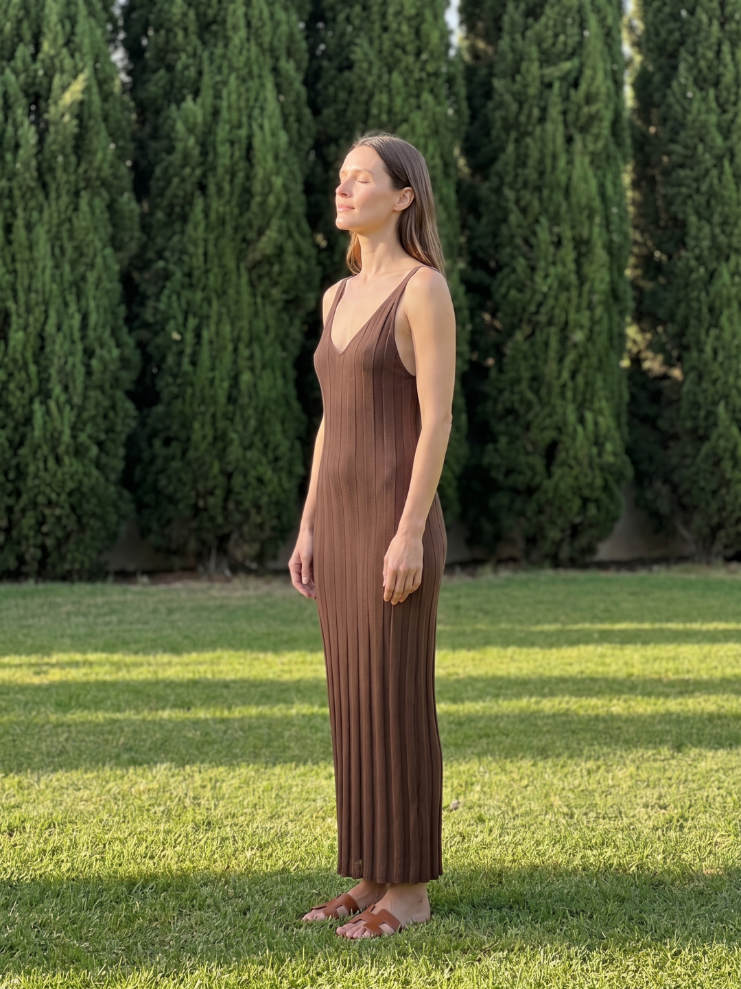 Callie | Ribbed Knit V-Neck Scoop Back Maxi Dress