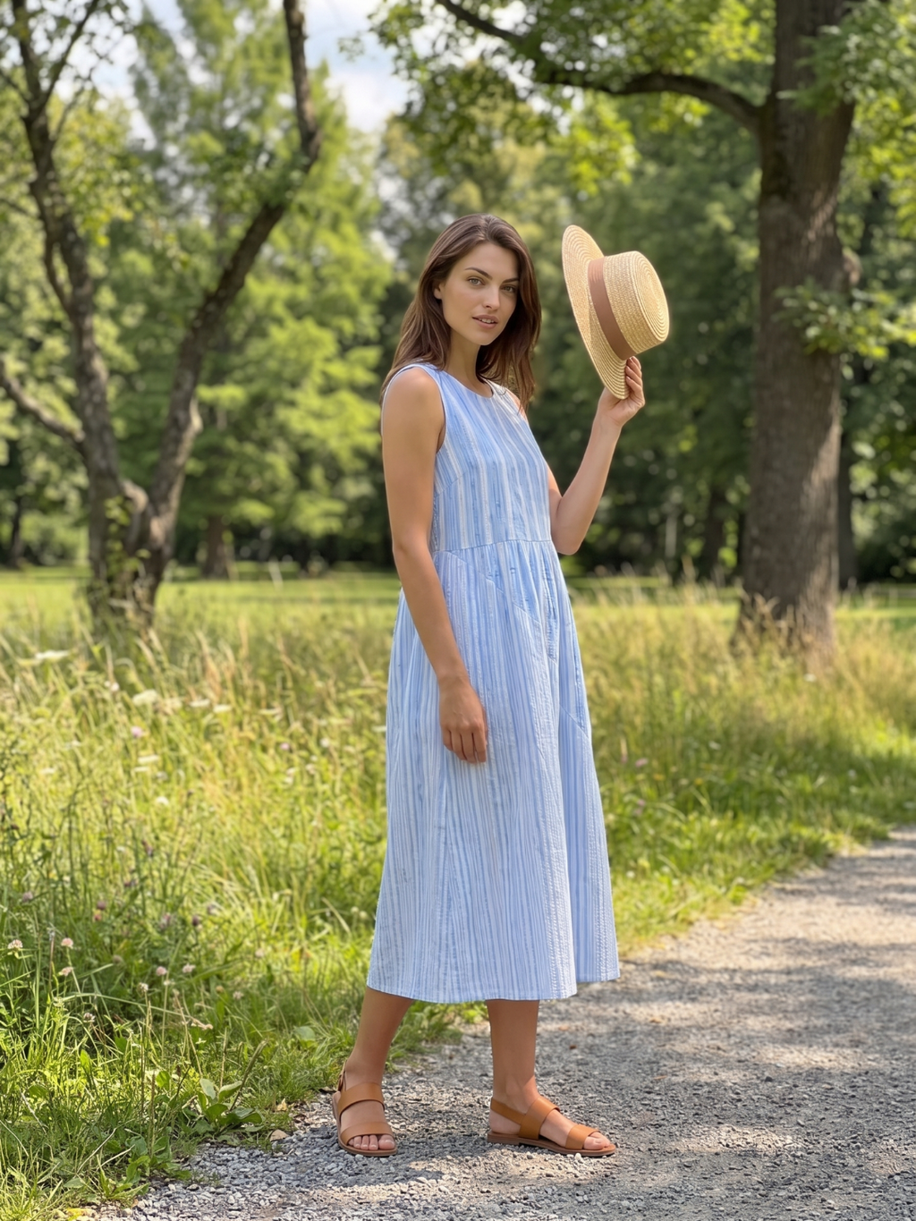 Addison | Striped Round Neck A-Line Midi Dress