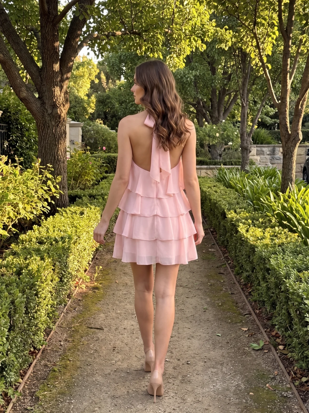 Evelyn | Halter Rosette Ruffle Tiered Mini Dress