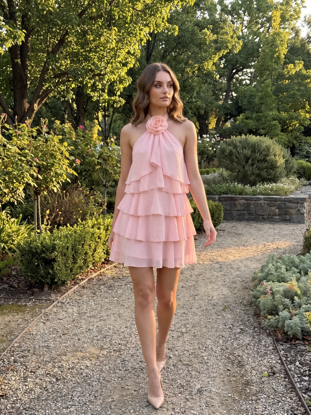 Evelyn | Halter Rosette Ruffle Tiered Mini Dress