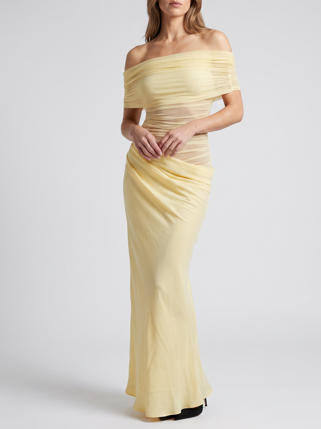 Adley | Off Shoulder Ruched Mesh Draped Maxi Dress