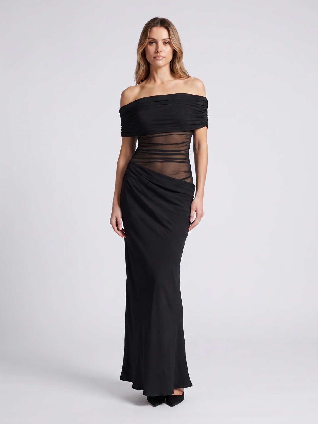 Adley | Off Shoulder Ruched Mesh Draped Maxi Dress