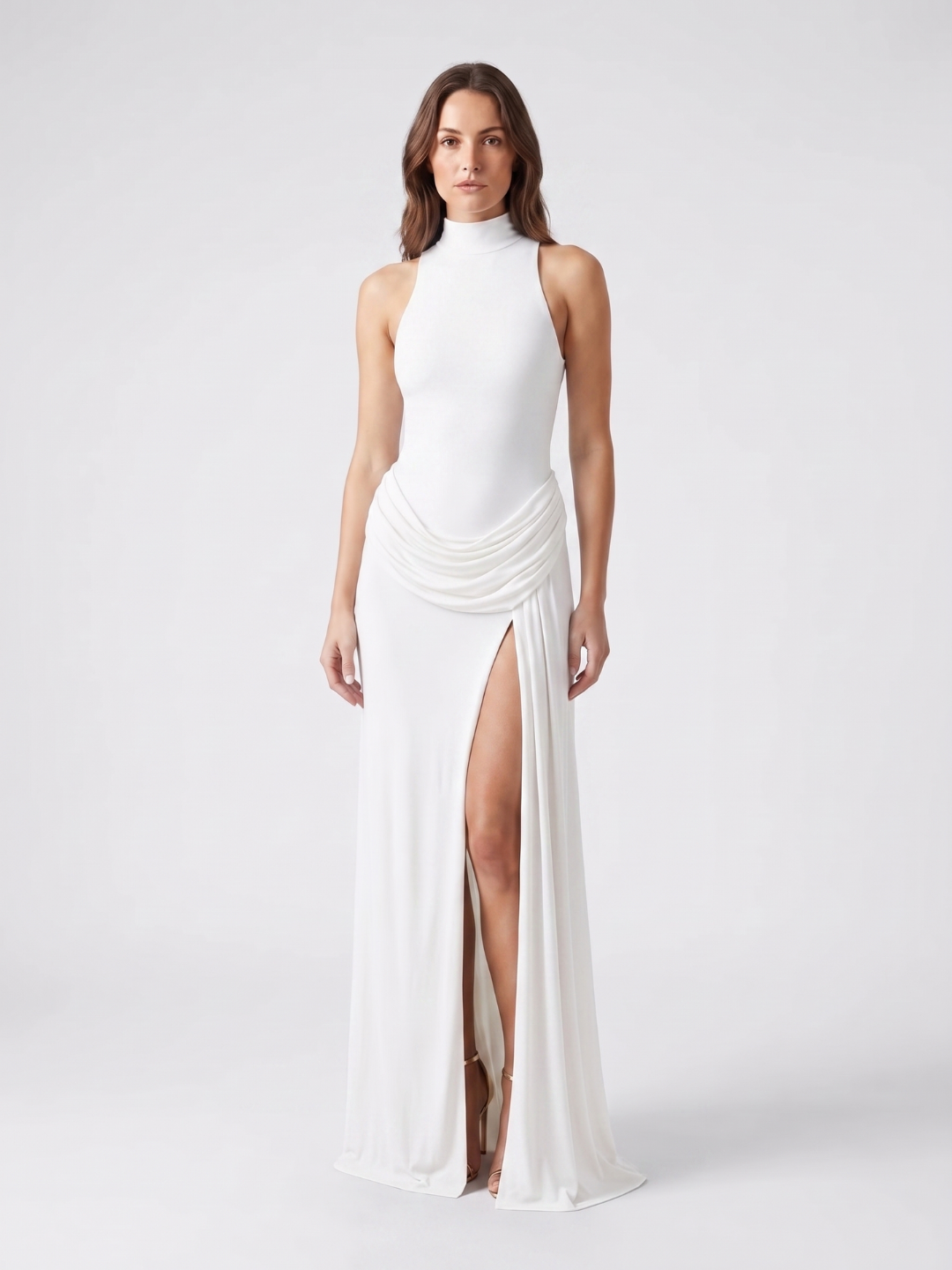 Collins | Mock Neck Draped Hip Slit Maxi Dress