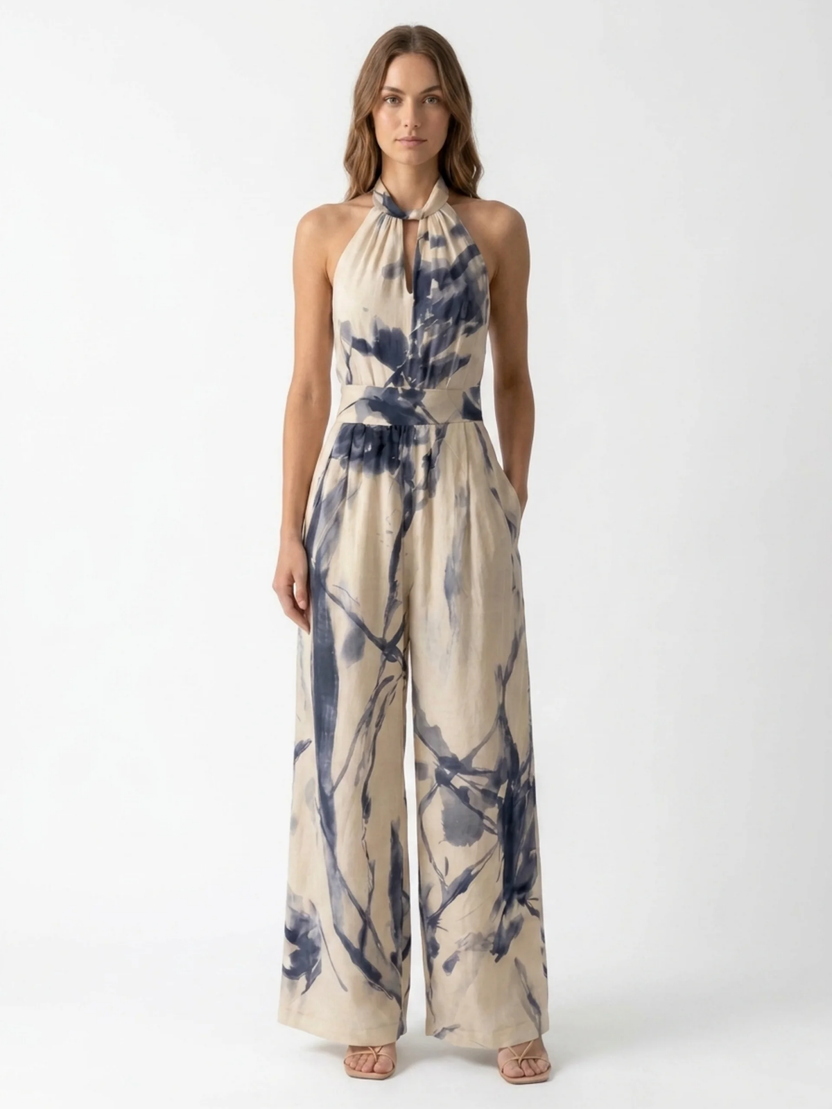 URSULA Women's Ink-Print Halter Neck Wide-Leg Jumpsuit