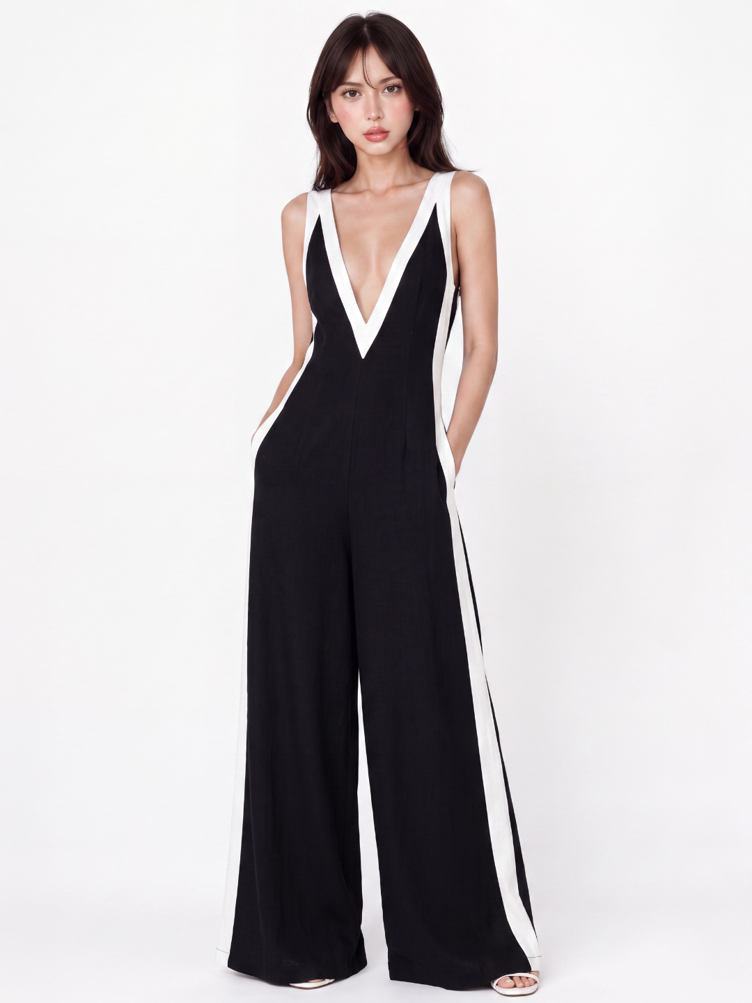 XIMENA Women's Contrast-Trim Deep V-Neck Wide-Leg Jumpsuit