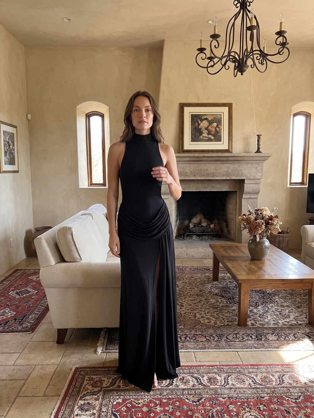 Collins | Mock Neck Draped Hip Slit Maxi Dress