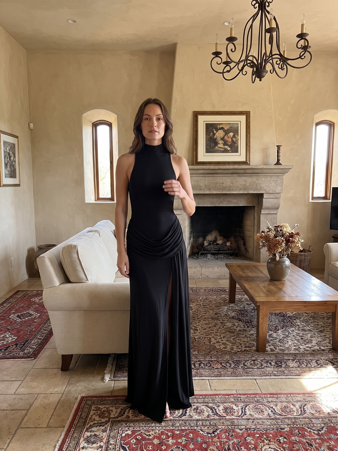 Collins | Mock Neck Draped Hip Slit Maxi Dress