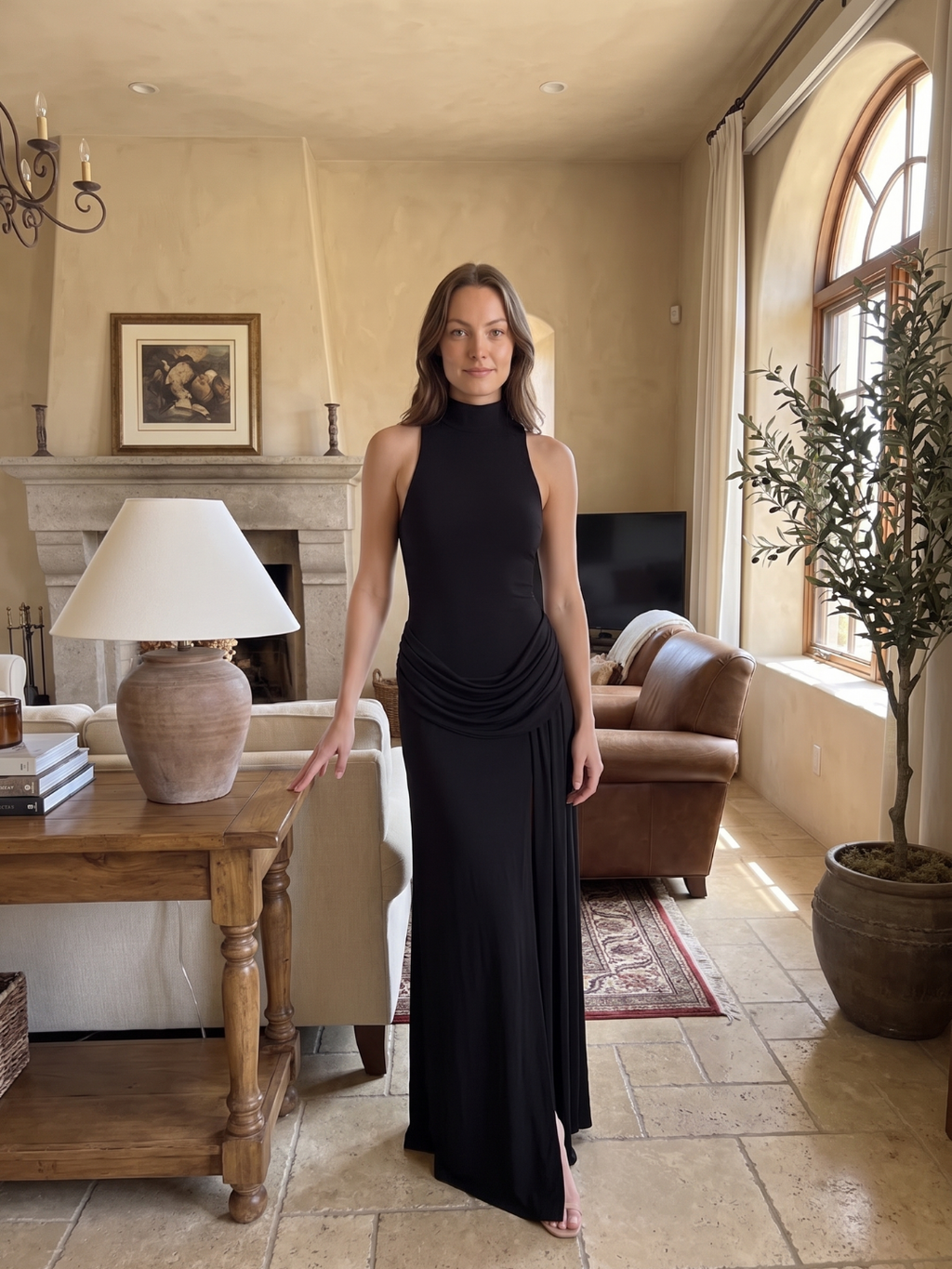 Collins | Mock Neck Draped Hip Slit Maxi Dress