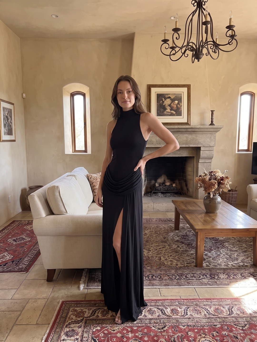Collins | Mock Neck Draped Hip Slit Maxi Dress