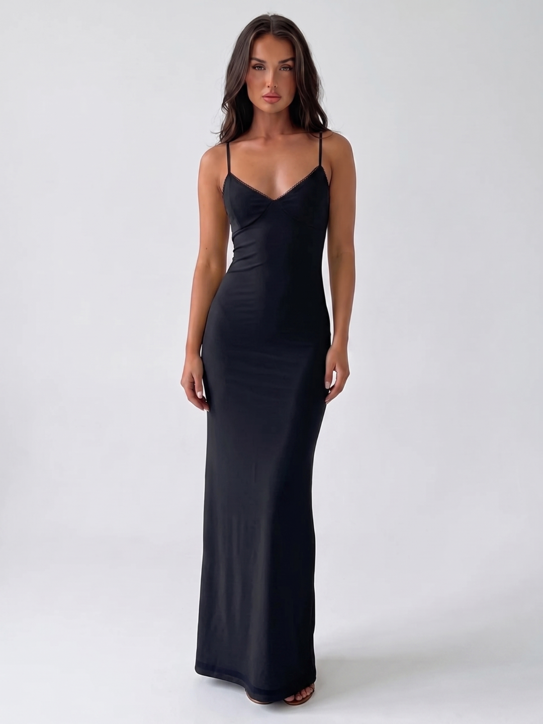Gracie | V-Neck Picot Trim Slip Maxi Dress