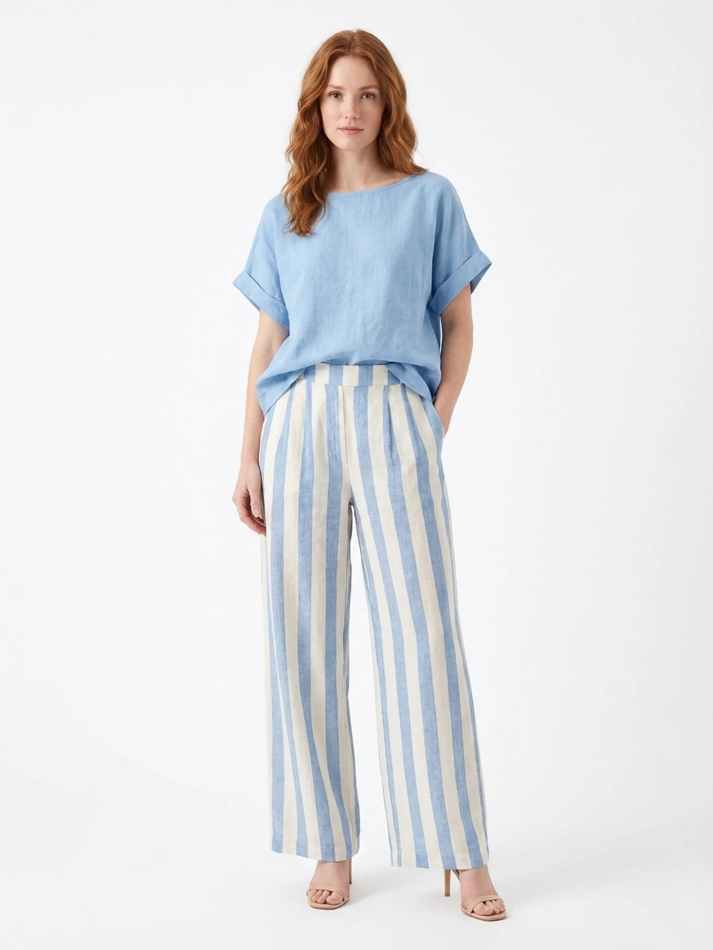 LORELEI Women's Short Sleeve Top and Striped Wide Leg Trouser Set