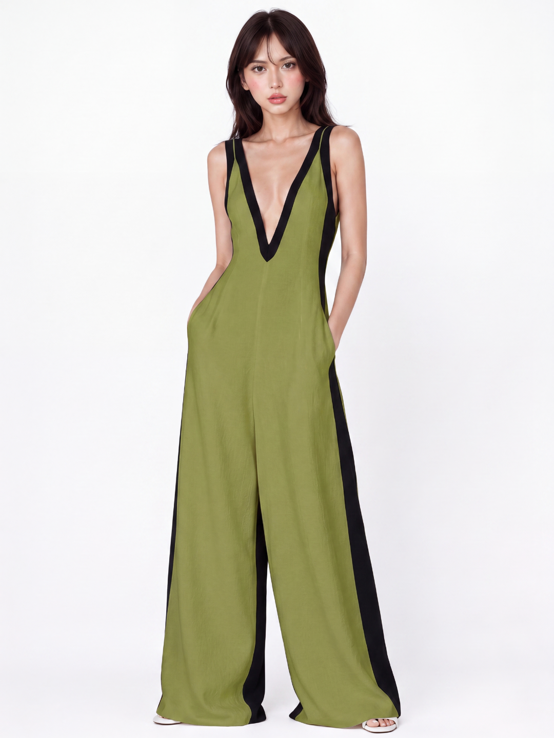 XIMENA Women's Contrast-Trim Deep V-Neck Wide-Leg Jumpsuit