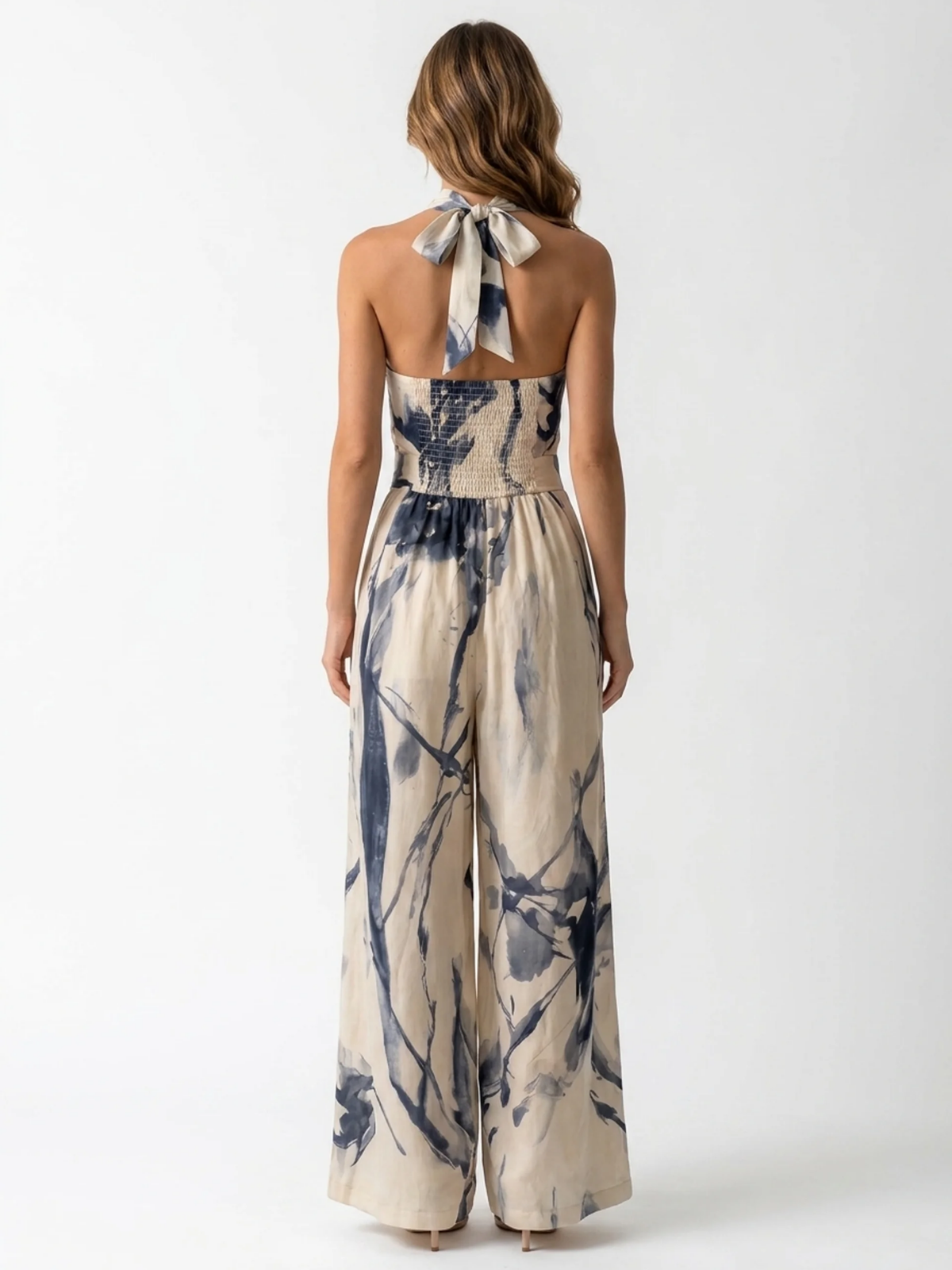 URSULA Women's Ink-Print Halter Neck Wide-Leg Jumpsuit