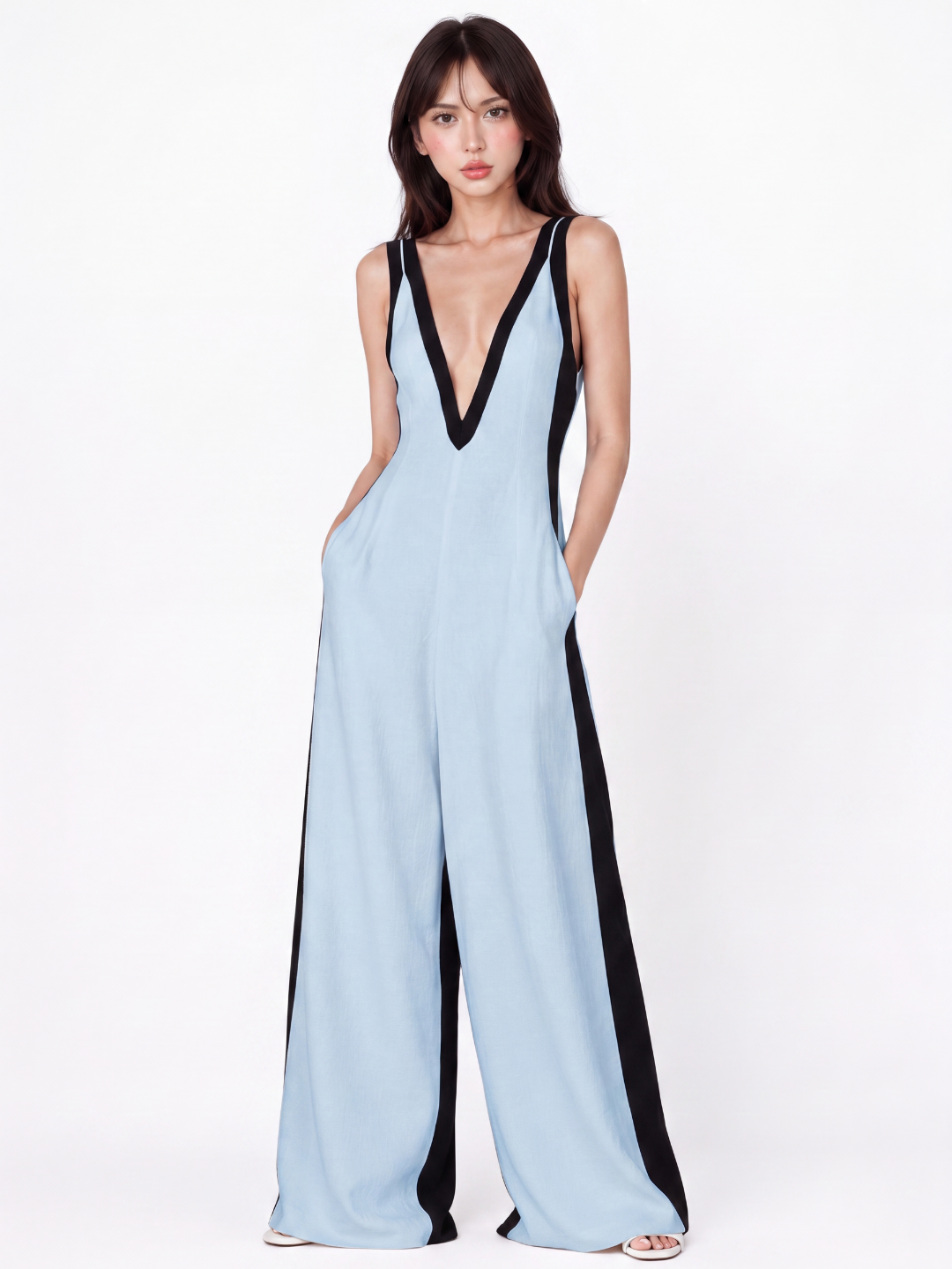 XIMENA Women's Contrast-Trim Deep V-Neck Wide-Leg Jumpsuit