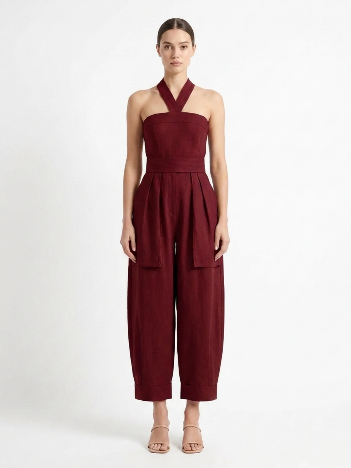 JOLENE Women's Halter Crossover Wide-Leg Jumpsuit