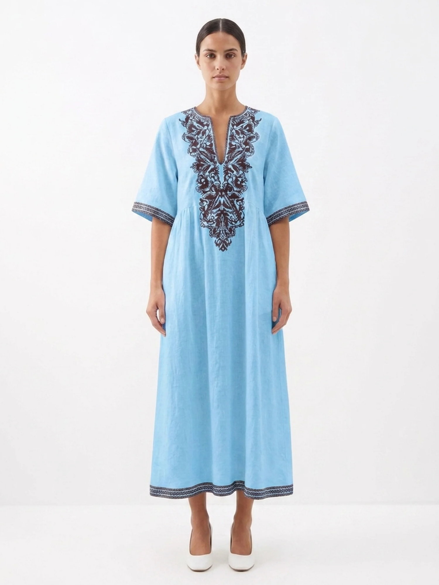 IRELAND Women's Half Sleeve Embroidered Bohemian Midi Dress