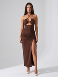 Veda | Halter Cutout Ruched Drawstring Slit Midi Dress