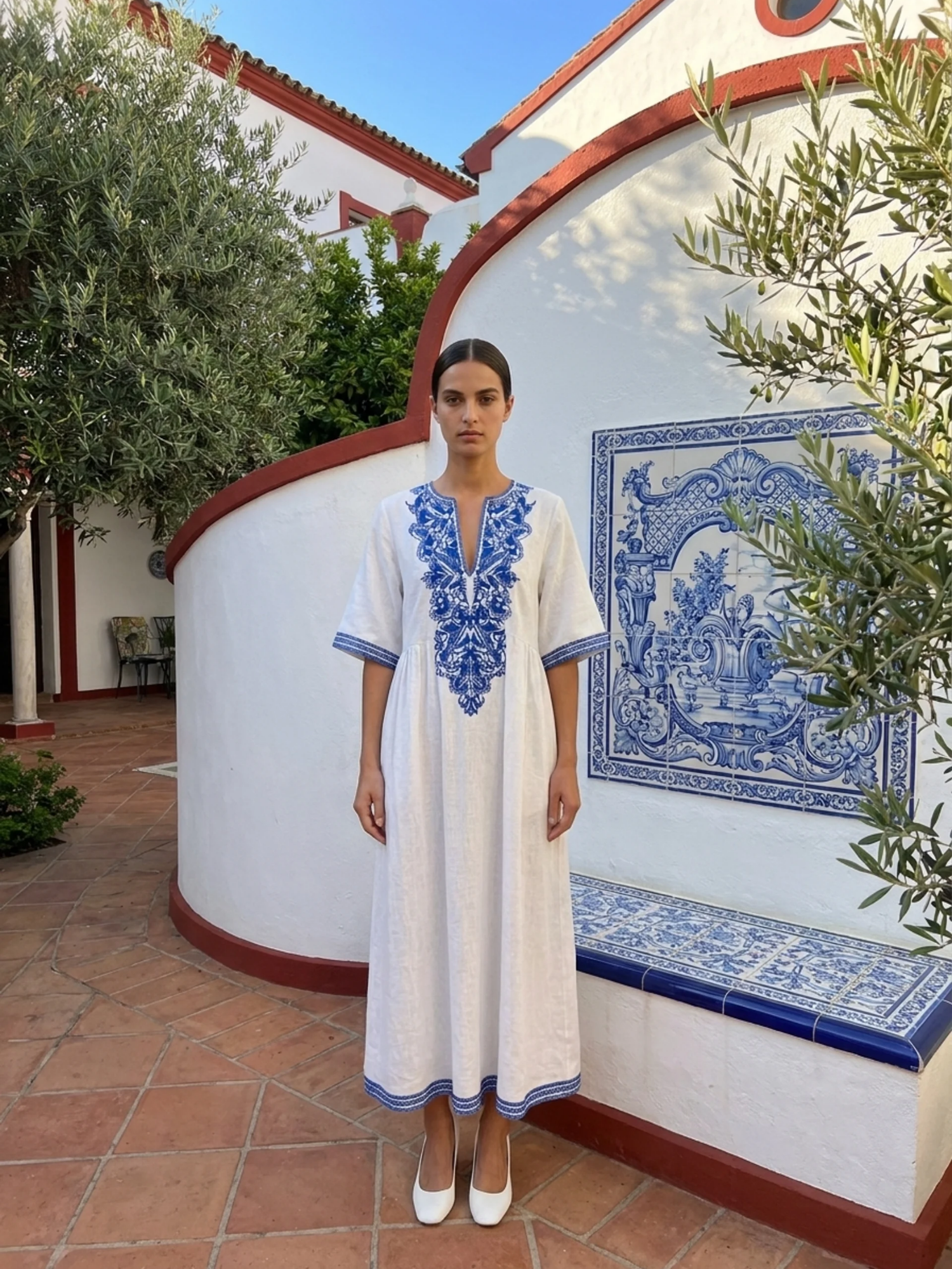 IRELAND Women's Half Sleeve Embroidered Bohemian Midi Dress
