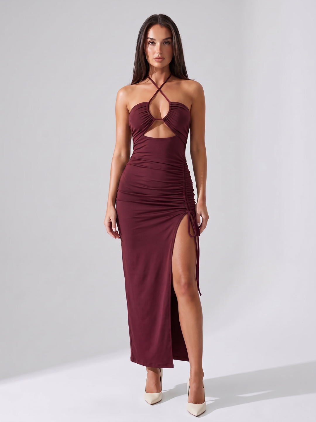 Veda | Halter Cutout Ruched Drawstring Slit Midi Dress
