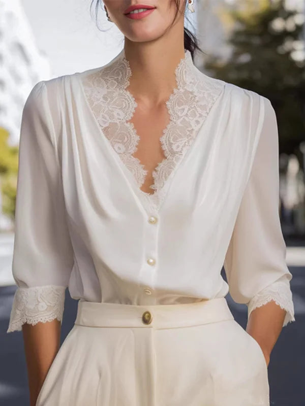 Helene | Satin Lace-Trim Button-Front Top