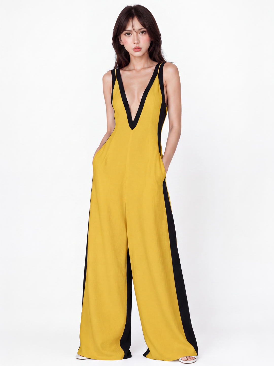 XIMENA Women's Contrast-Trim Deep V-Neck Wide-Leg Jumpsuit
