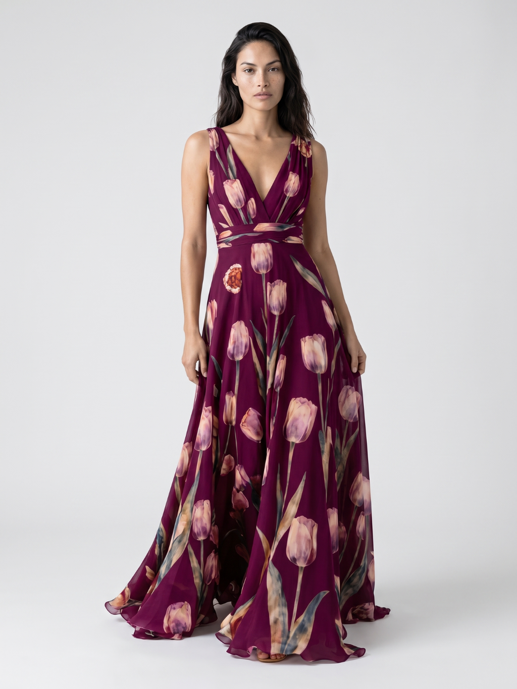 Eliana | Tulip Print V-Neck Pleated Maxi Dress