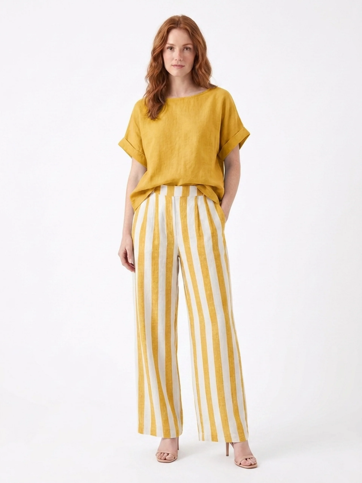 LORELEI Women's Short Sleeve Top and Striped Wide Leg Trouser Set