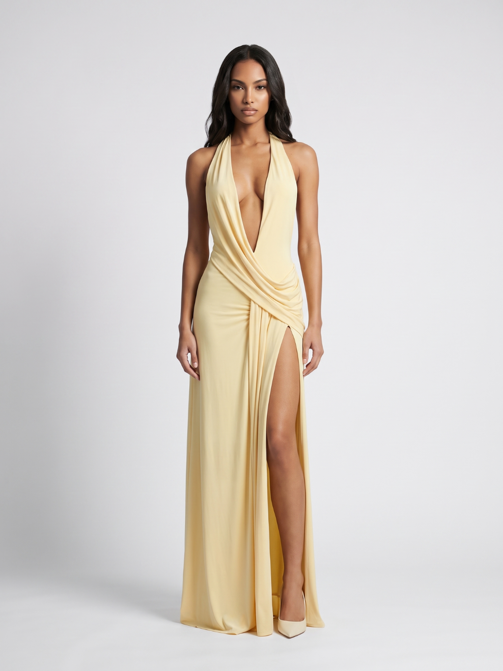 Athena | Plunge Halter Twist Knot High Slit Maxi Dress