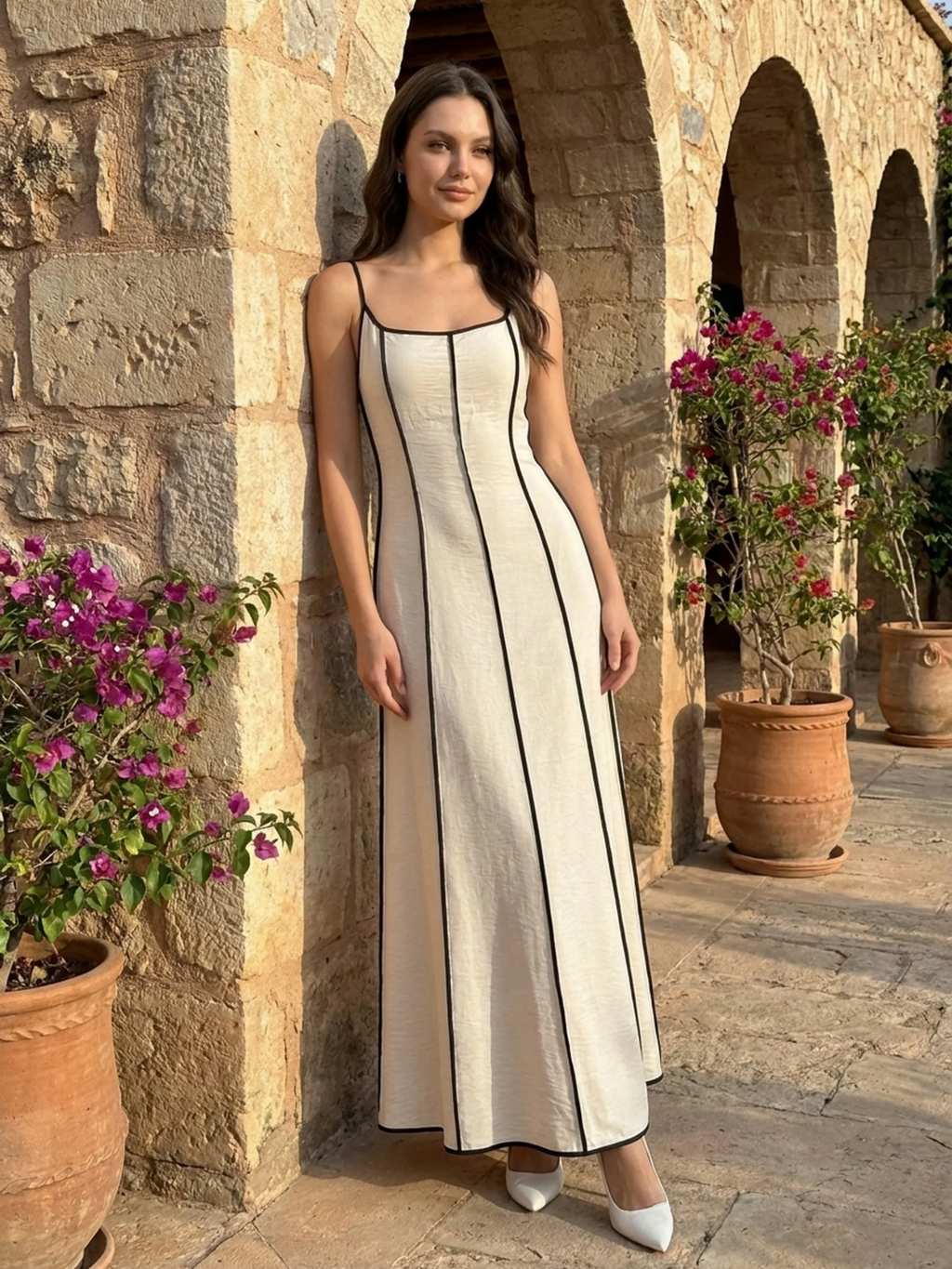 JOVANNA Women's Spaghetti Strap Contrast Trim Maxi Dress
