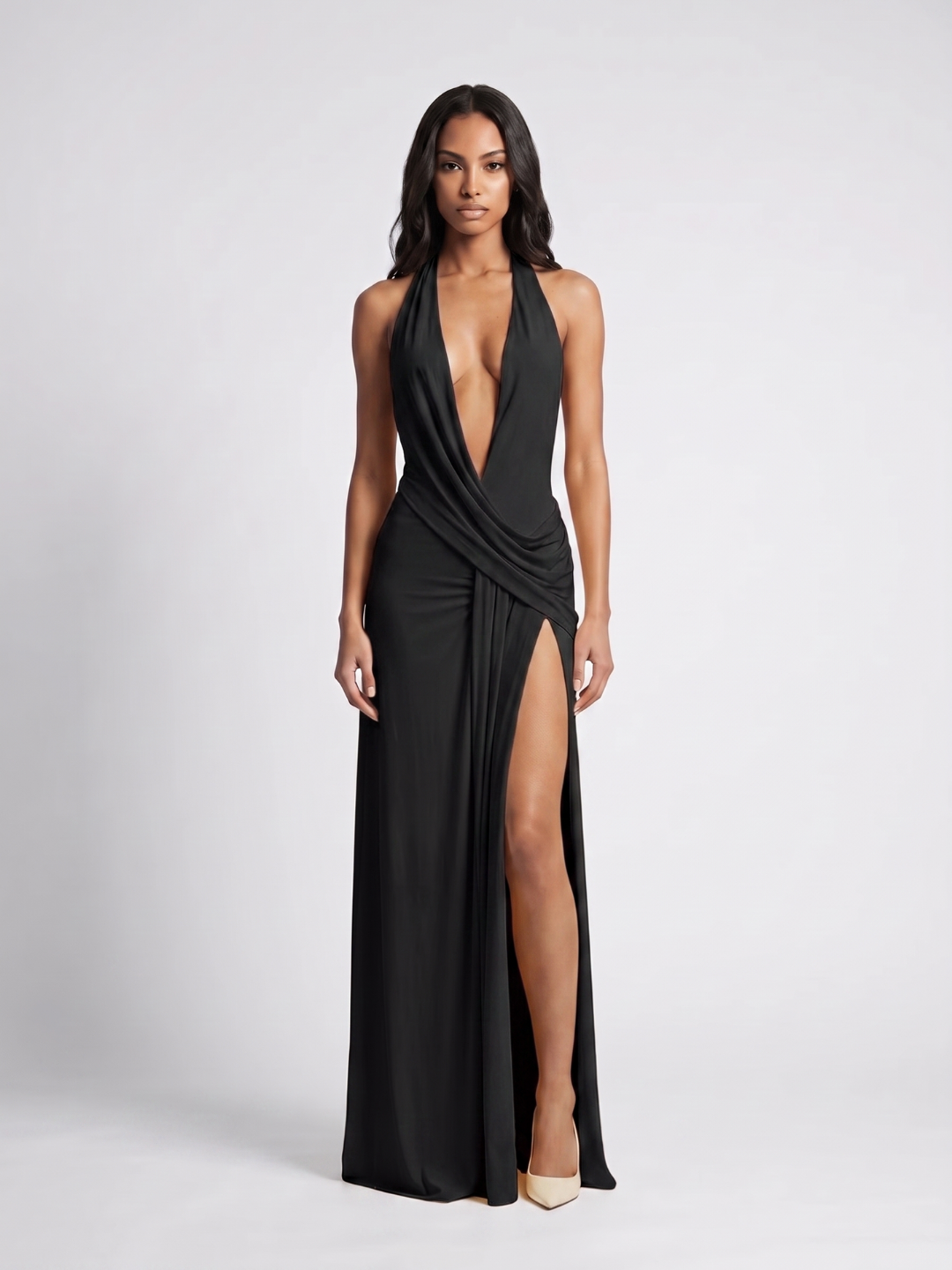 Athena | Plunge Halter Twist Knot High Slit Maxi Dress