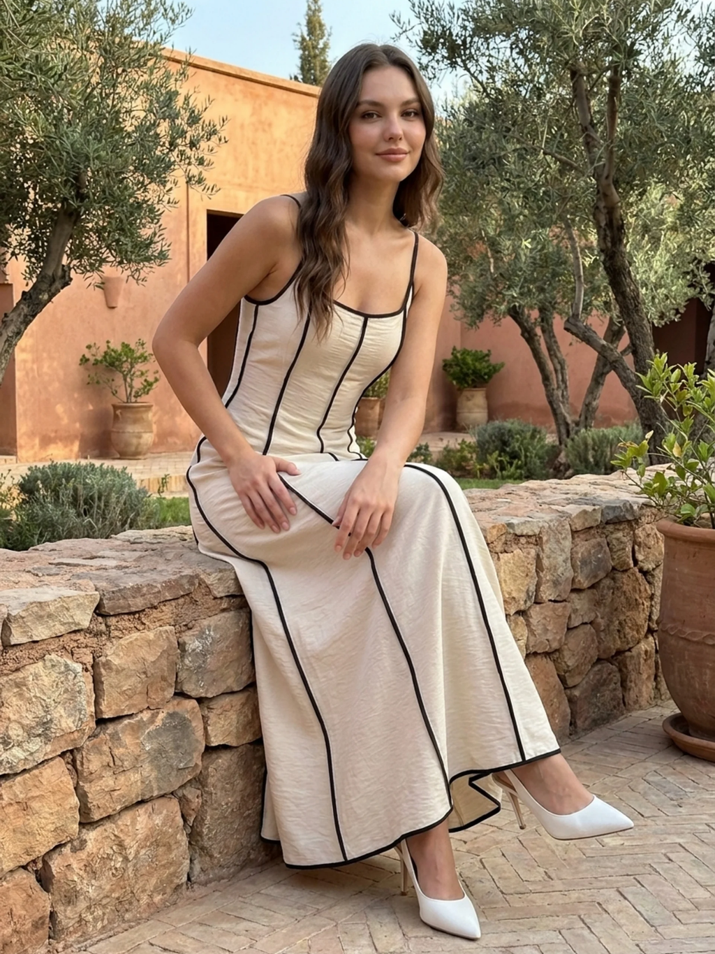 JOVANNA Women's Spaghetti Strap Contrast Trim Maxi Dress