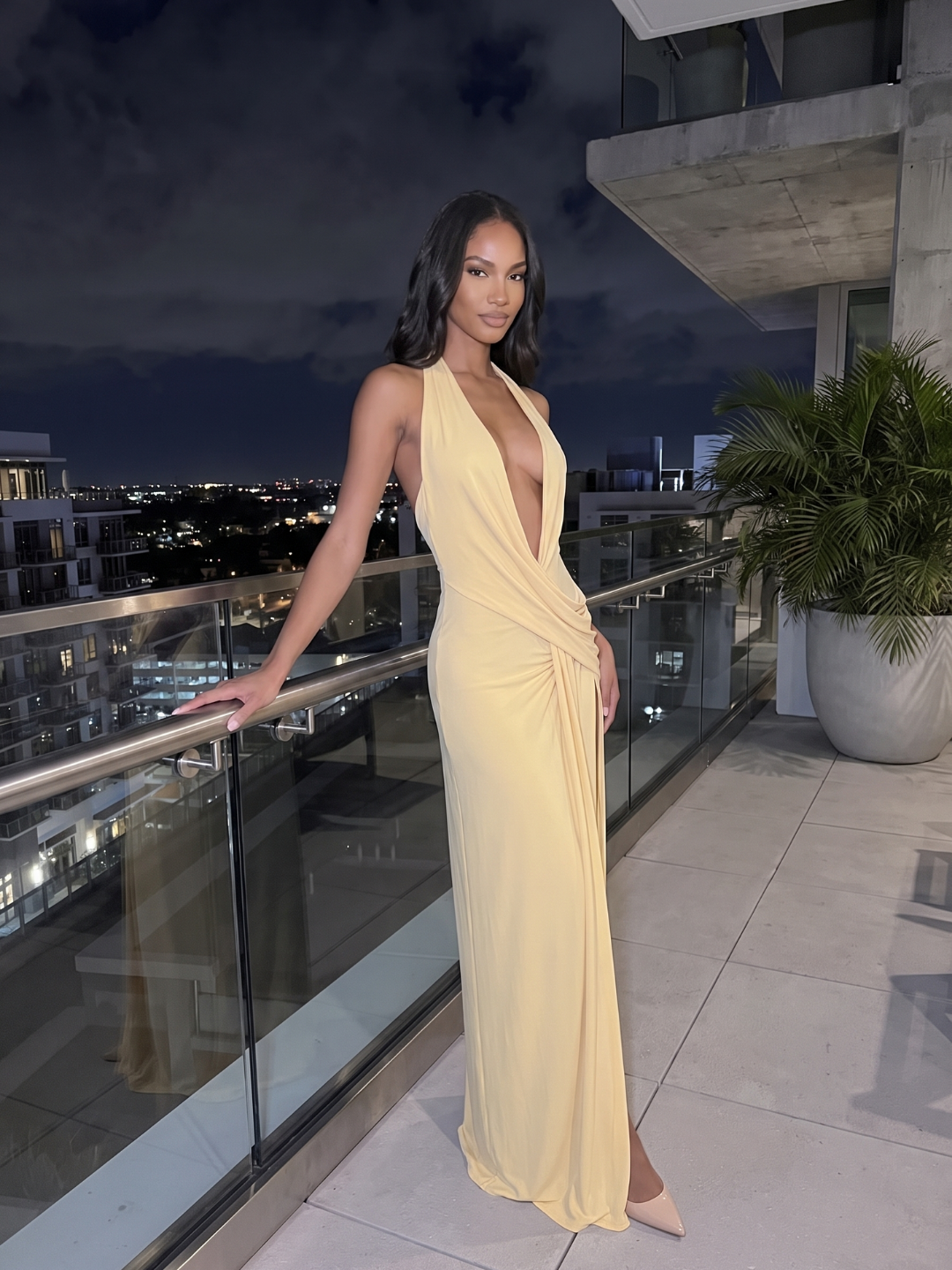 Athena | Plunge Halter Twist Knot High Slit Maxi Dress