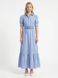 KATHLEEN Women's Short Sleeve Striped Belted Maxi Shirt Dress