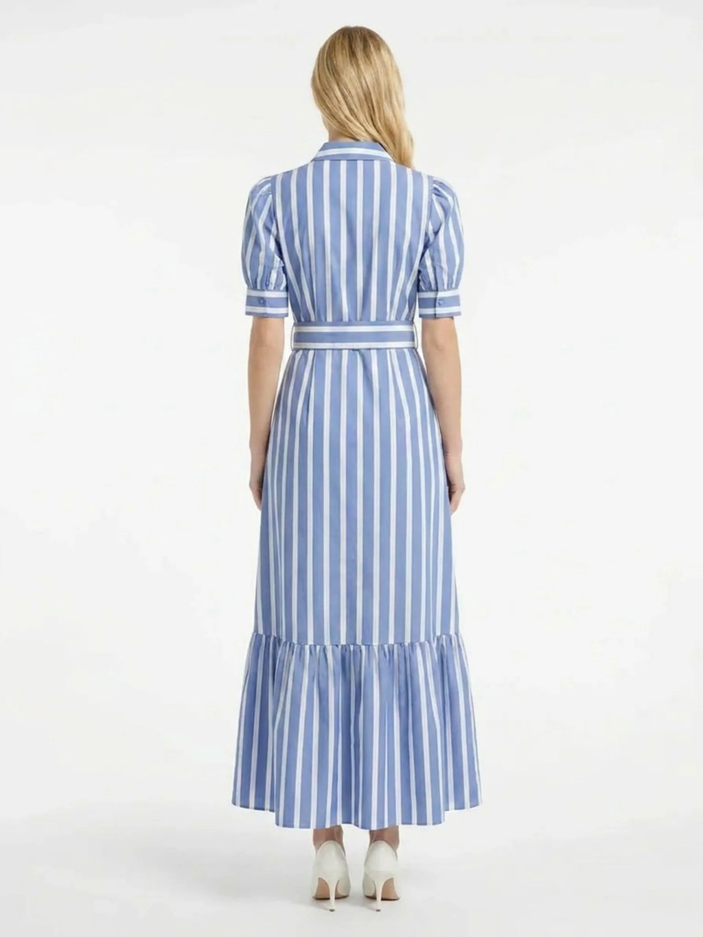 KATHLEEN Women's Short Sleeve Striped Belted Maxi Shirt Dress