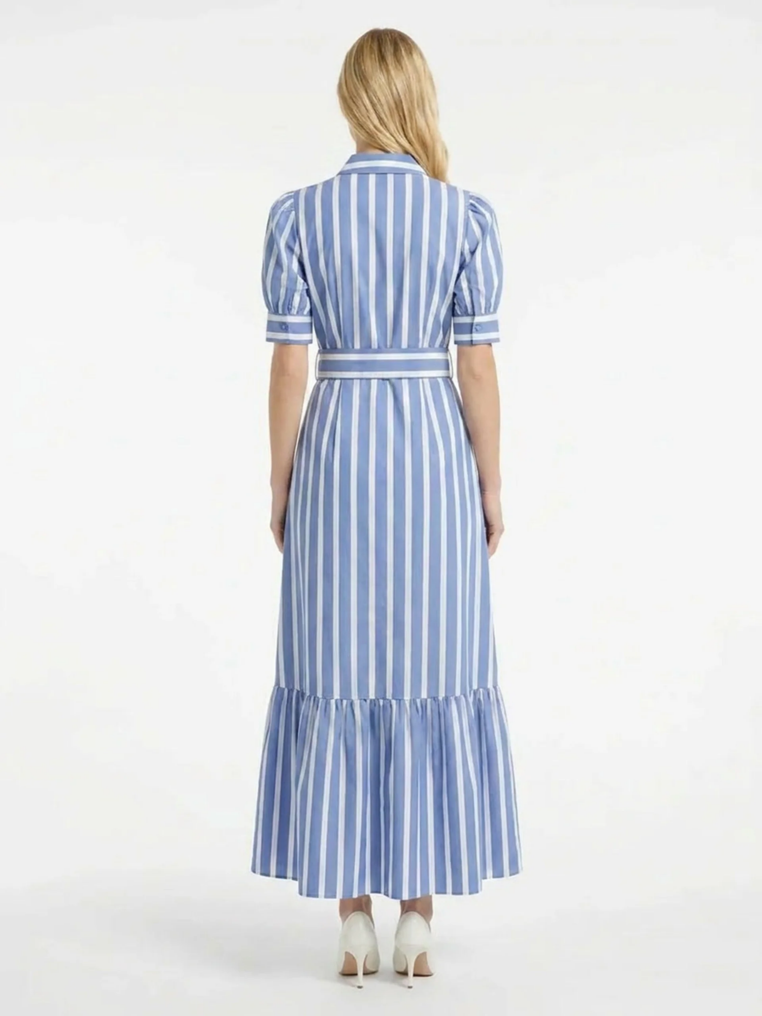 KATHLEEN Women's Short Sleeve Striped Belted Maxi Shirt Dress