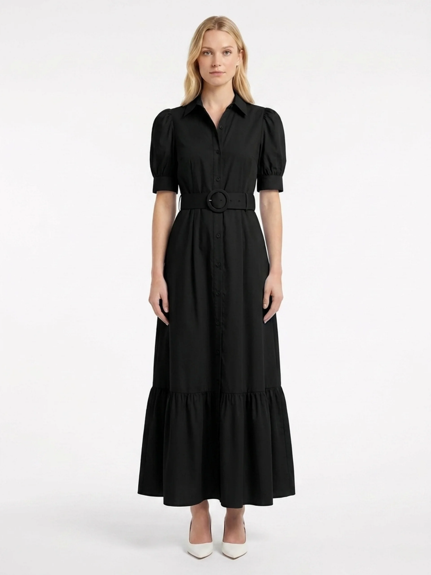 KATHLEEN Women's Short Sleeve Striped Belted Maxi Shirt Dress