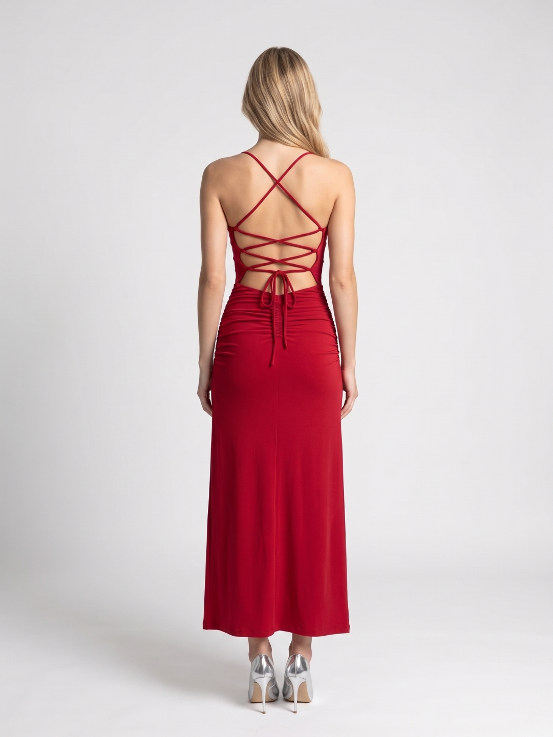 Jessie | Lace-Up Back Thigh Slit Slip Maxi Dress
