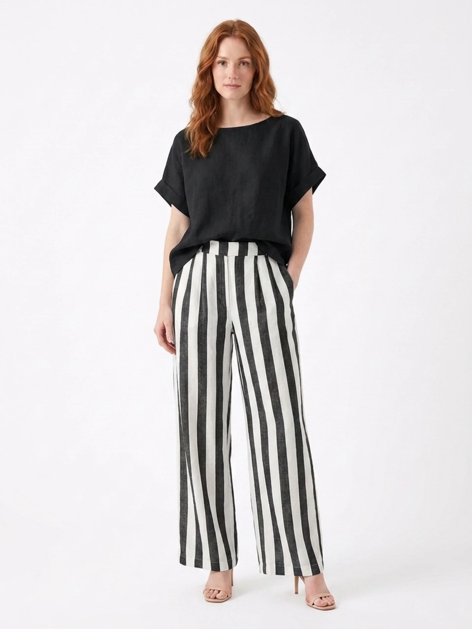 LORELEI Women's Short Sleeve Top and Striped Wide Leg Trouser Set