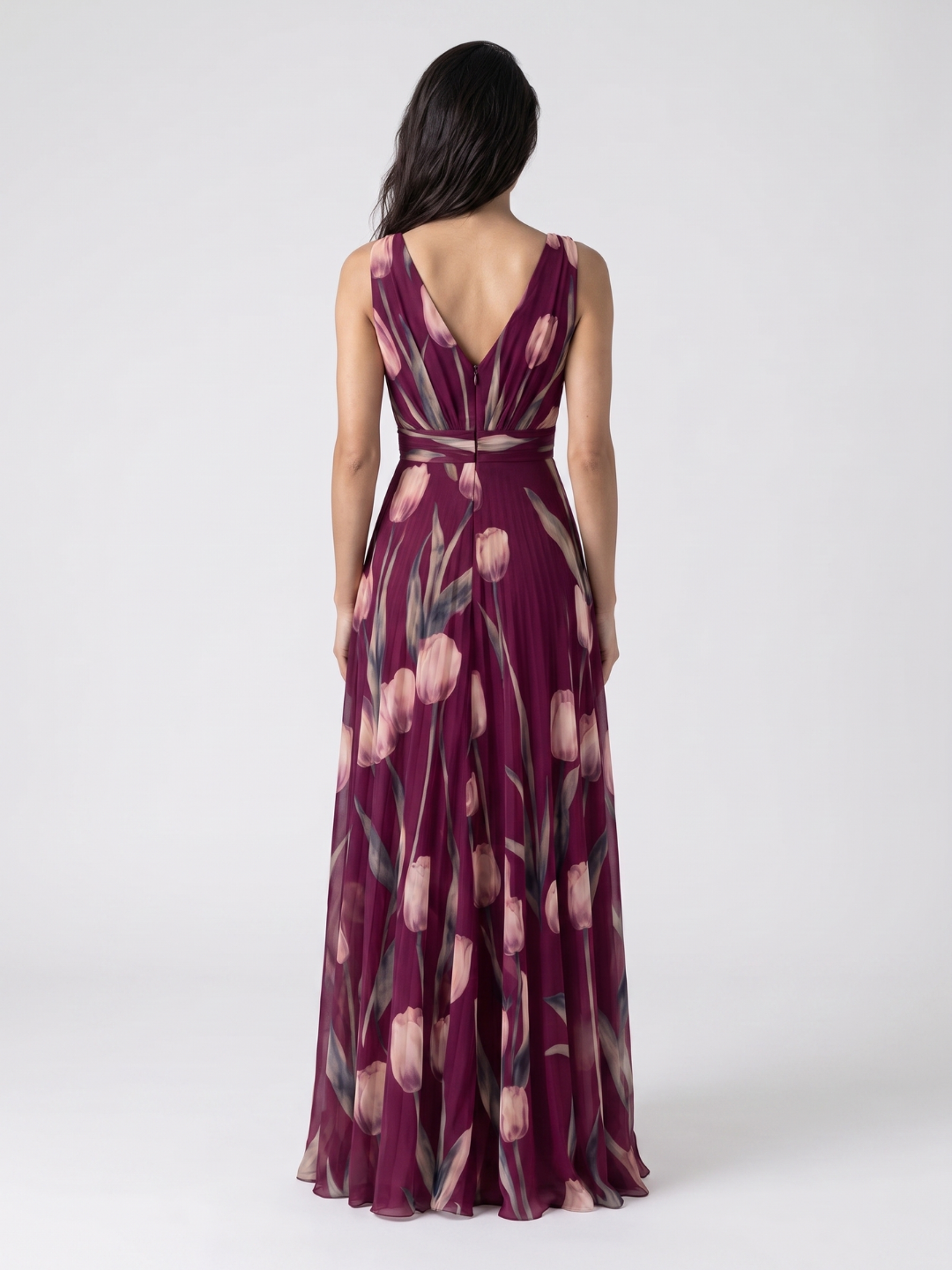 Eliana | Tulip Print V-Neck Pleated Maxi Dress
