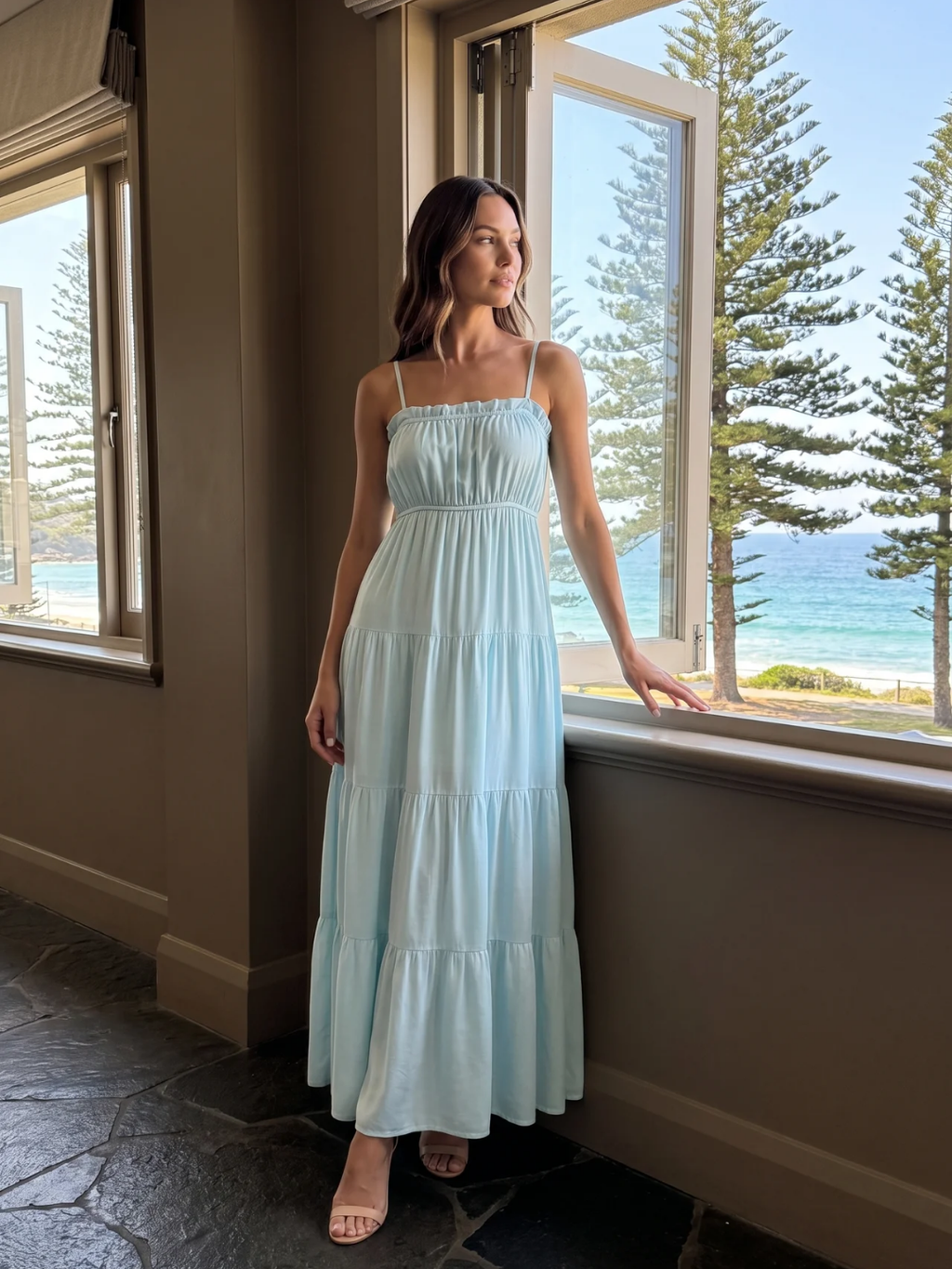 Gianna | Frill Trim Cinched Waist Tiered Maxi Dress
